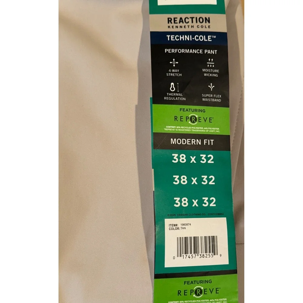 NWT Kenneth Cole Reaction Techni-Cole Performance Pant Tan Modern Fit 38x32 Golf